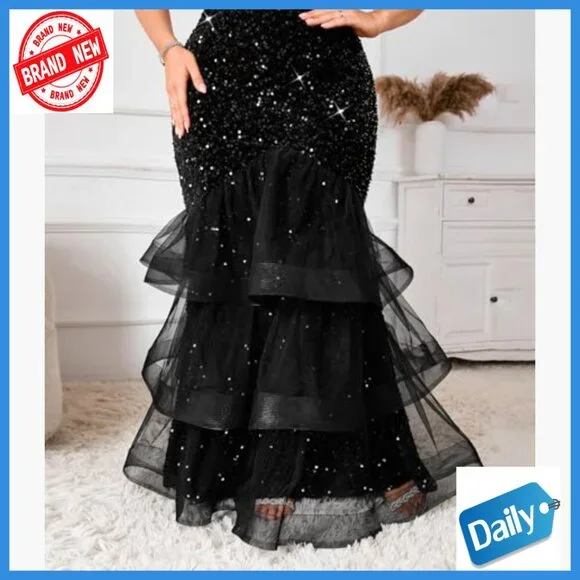 Sequin Mesh Maxi Dress Sleeveless Formal Gown Plus Size Mermaid Fishtail